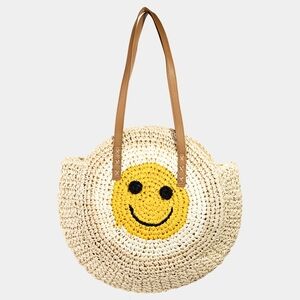 Smiley Face Straw Tote Bag - Cream and Yellow